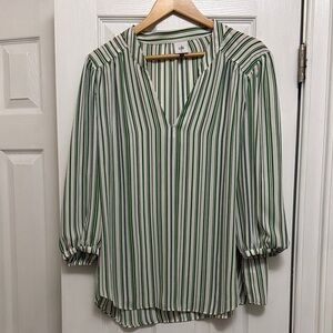 CAbi Green and White Striped Blouse